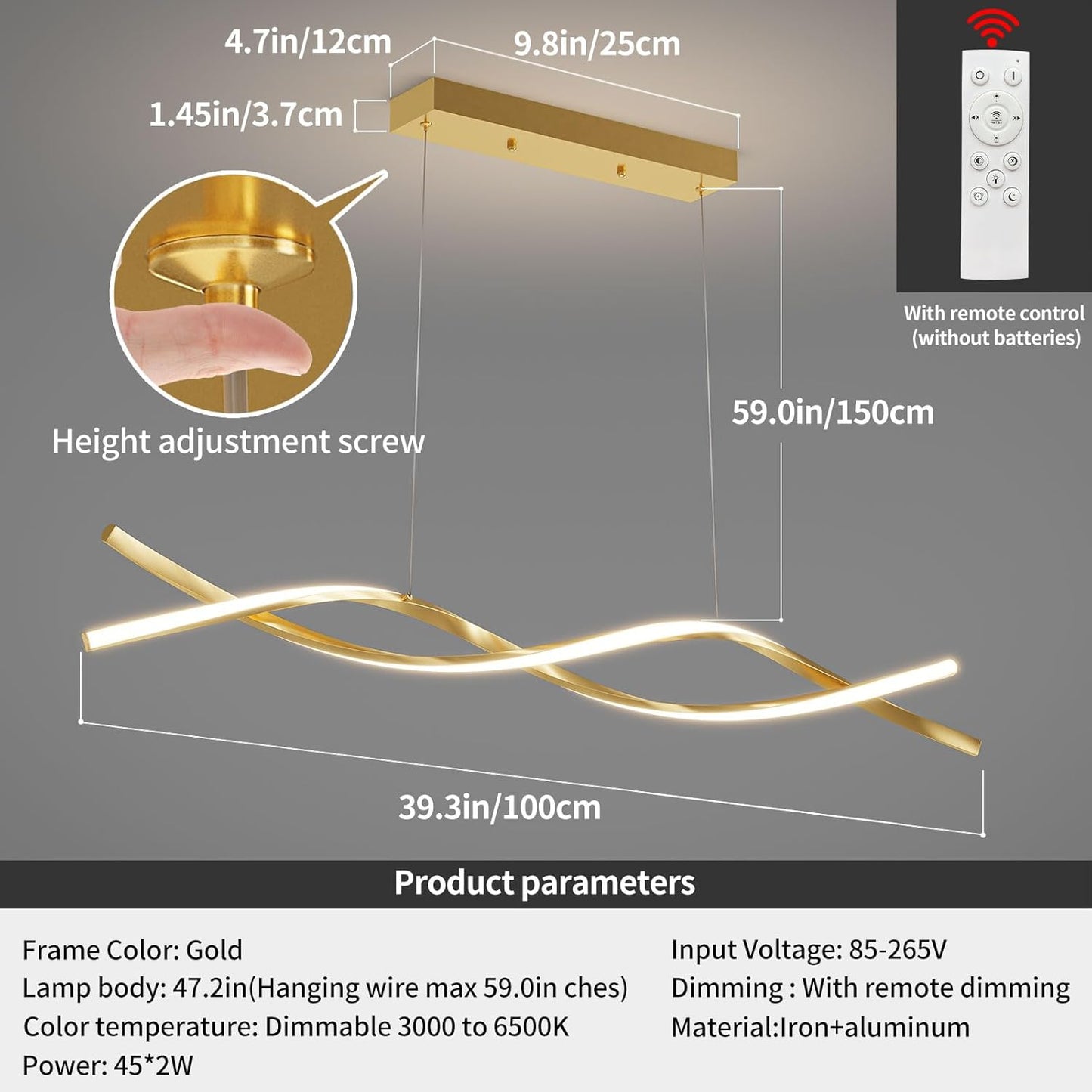 Modern Ceiling Pendant Light, with Remote Control Dimmable 3 Color Mode & Brightness Ceiling Lamp, Anti-Flicker Dining Light Fixture for Kitchen, Dining Room (Gold, 39IN)