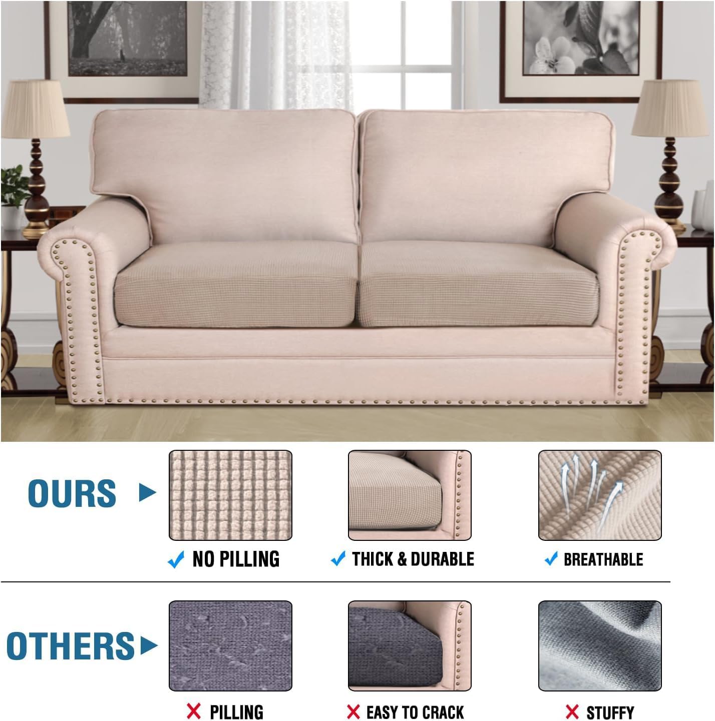 H.VERSAILTEX Super Stretch Individual Seat Sofa Covers Couch Slipcover Sets Thick Jacquard Textured Twill Fabric (2 Piece Large Sofa Cushion Covers, Sand)