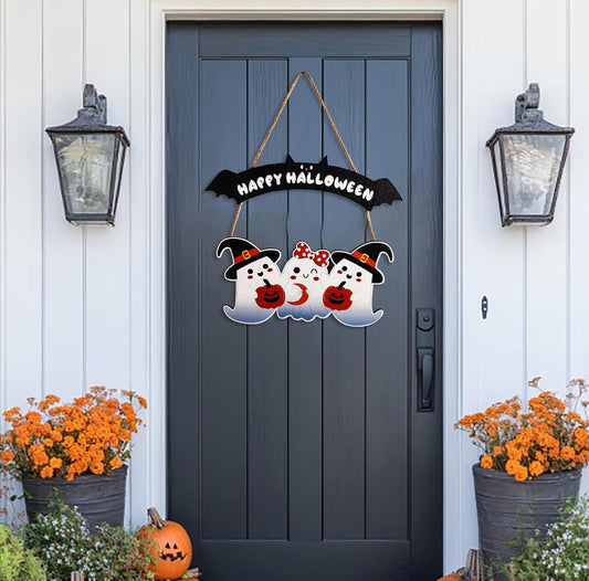 Happy Halloween Wooden Decoration Hanging Plaque Outdoor Wall 2 Pieces Cute Art Sign Wreaths with Ghost Bat Pattern for Home Wall Decor Halloween Party Outdoor Indoor