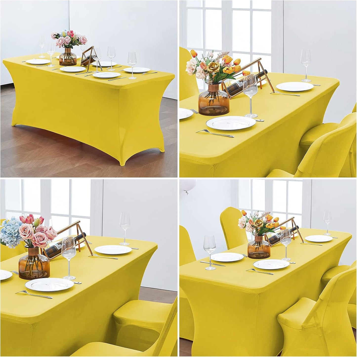 CWK 6FT Waterproof Stretch Spandex Table Cover for Rectangular Tables - Elastic Fitted Tablecloth for Folding Tables,Wrinkle Resistant Table Cloth for Parties, Weddings, Banquets & Events (Yellow)