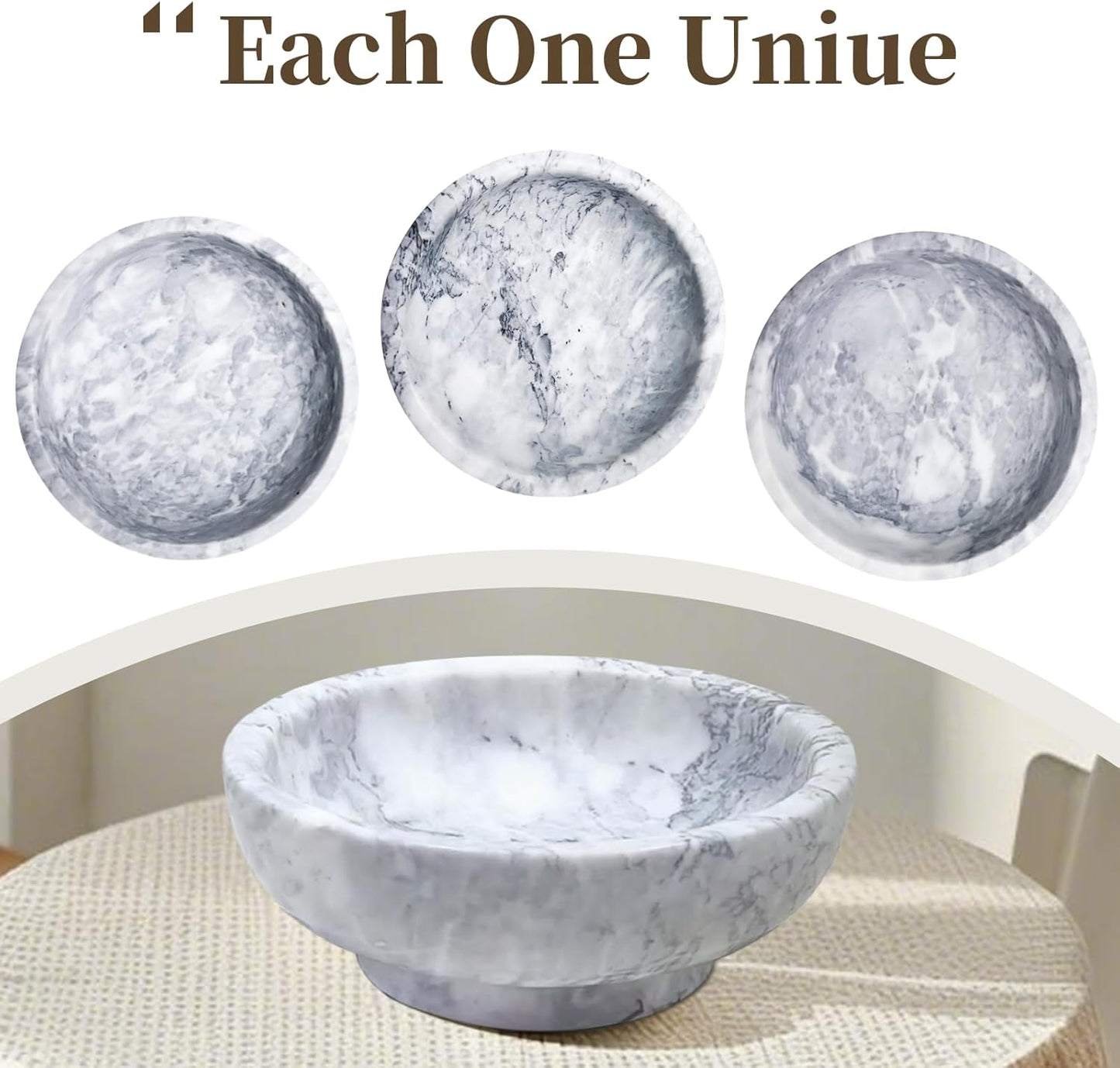 Natural White Marble Bowl with Grey Veins Large Decorative Bowl for Home Decor，Entryway, Fruit Display, Key Holder, Centerpiece (10.2" Diameter)