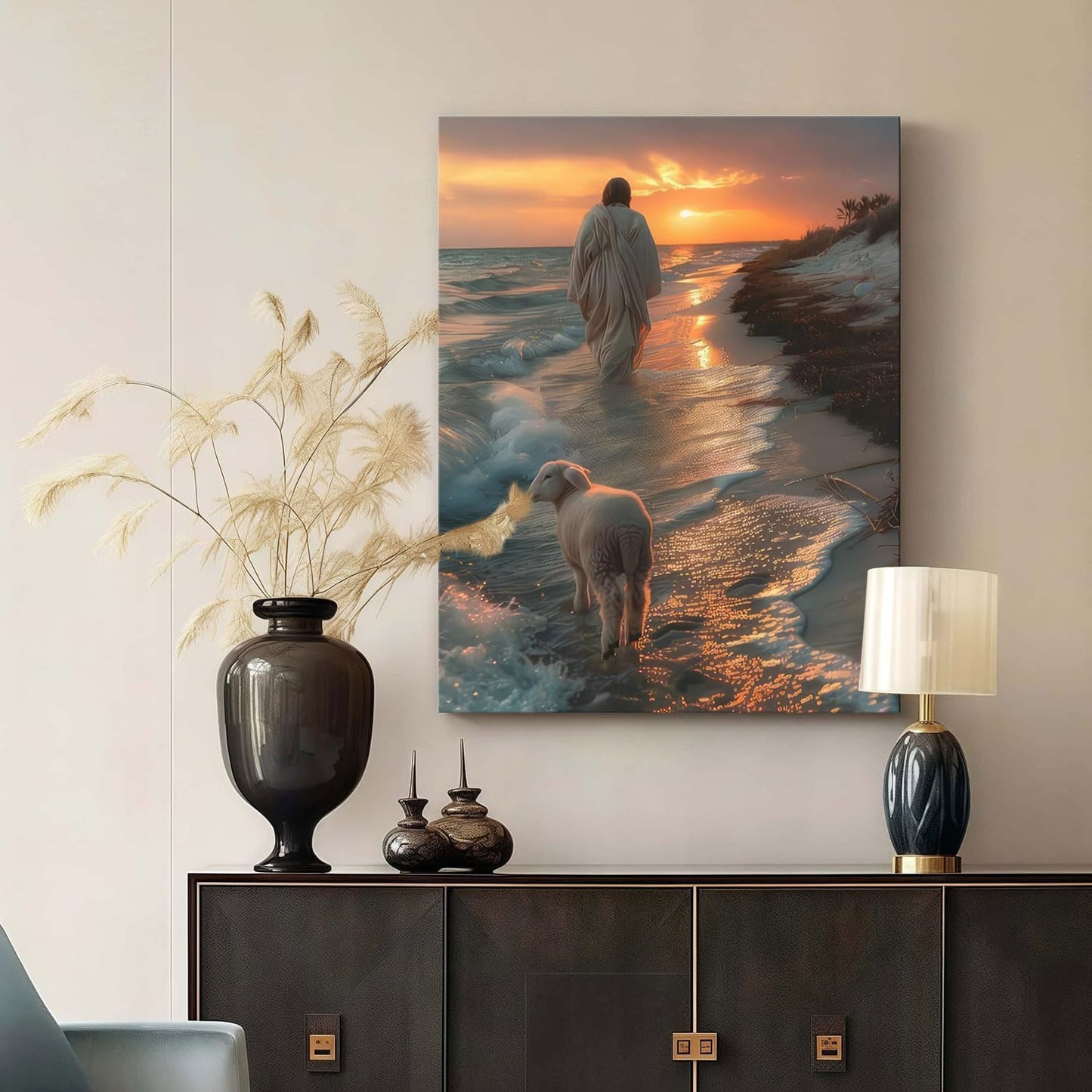 Framed Canvas Jesus and the Lamb Walking on the Beach Wall Decor Wall Art Gallery Decor Unique Print Wall Decor for Living Room Bedroom Church Home Decor 24x36 Inch Ready to Hang
