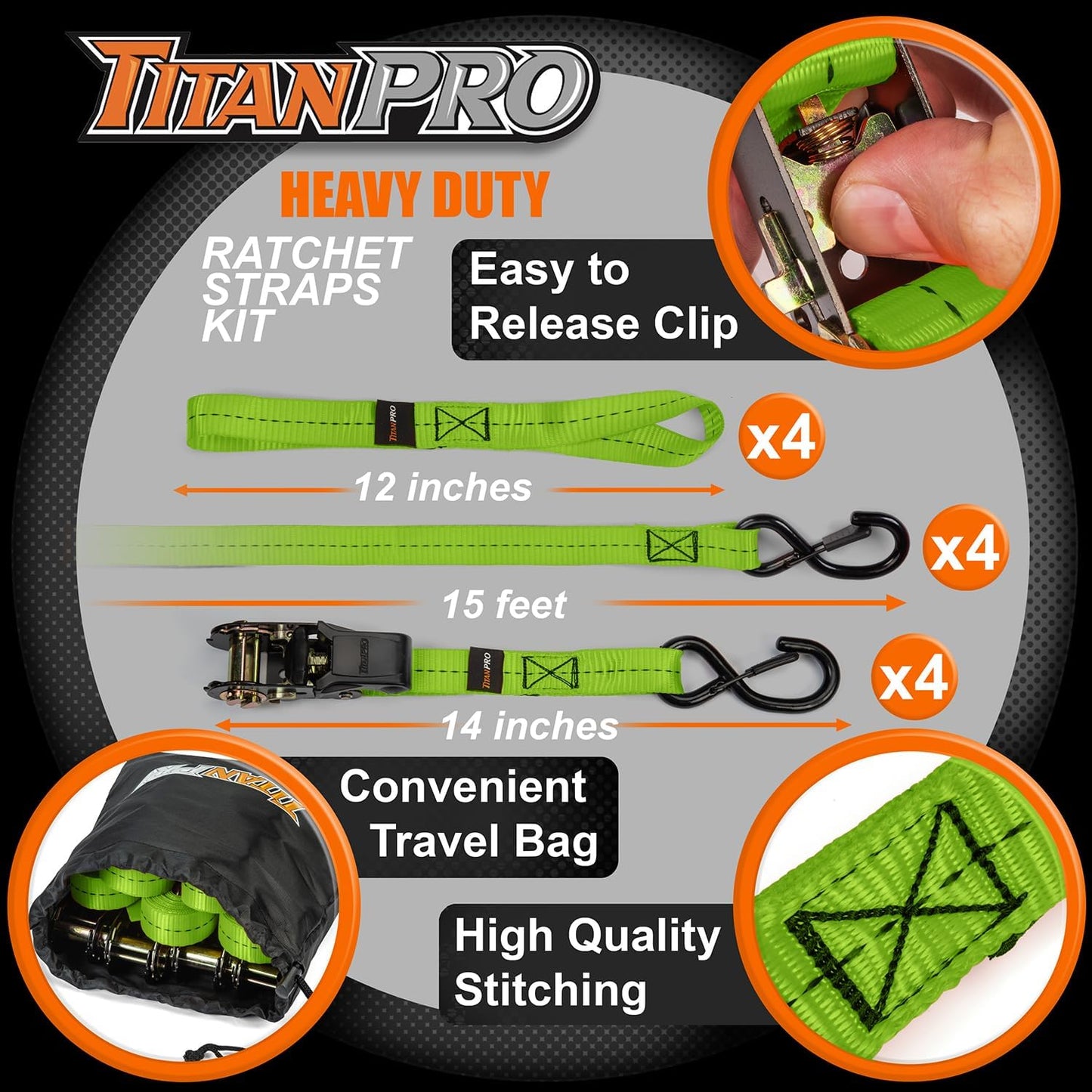 TitanPro Heavy Duty Ratchet Straps 4-Pack - 2,200lb Break Strength, 1" x 15' Rachet Tie Downs with Padded Handles - Heavy Duty, Truck, Motorcycle, Moving Straps (Green)