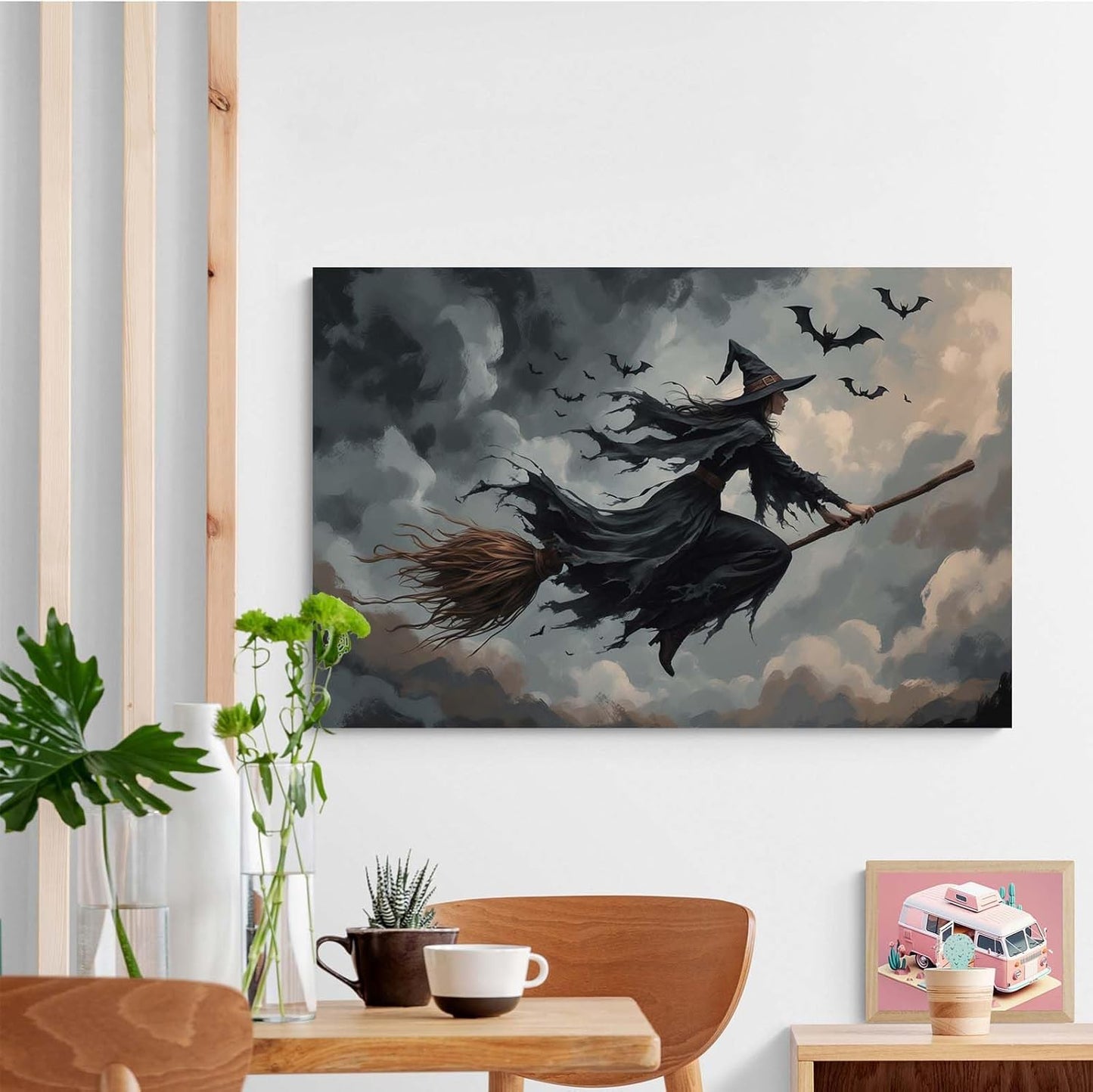 Witch and bat flying Halloween poster suitable for home party wall decoration retro Halloween preppy style wall art canvas print suitable for room decoration20x30in Wood Framed