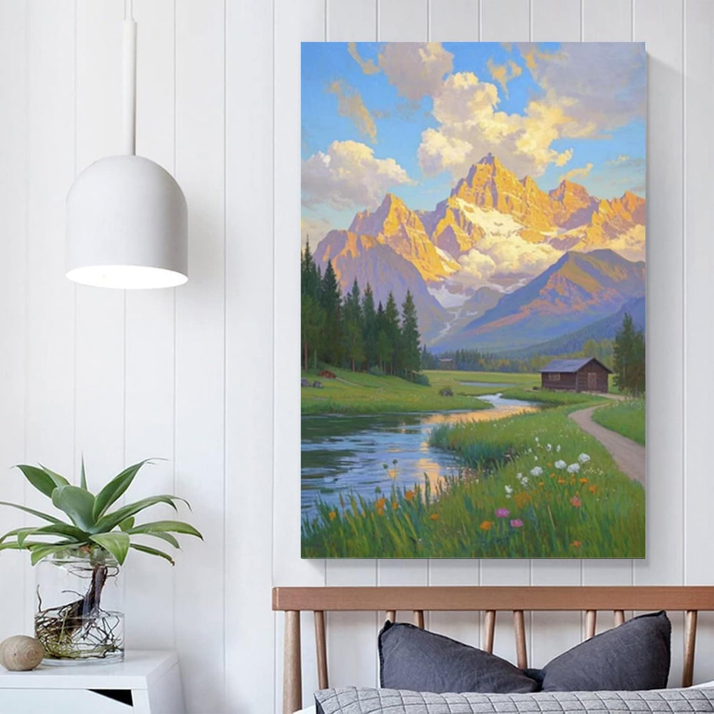The mountain stream and lawn scenery under the sun is suitable for posting in the living room bedroom office landscape poster wall painting