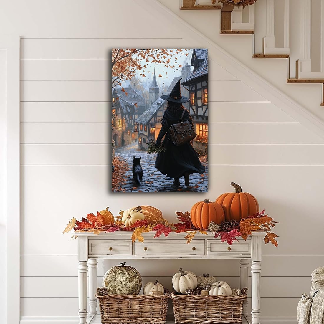 Autumn Witch And Black Cat Picture Wall Decor,Halloween Canvas Vintage Rustic Wall Art,Preppy Bedroom Living Room Bathroom Poster Print,16"x24" Framed