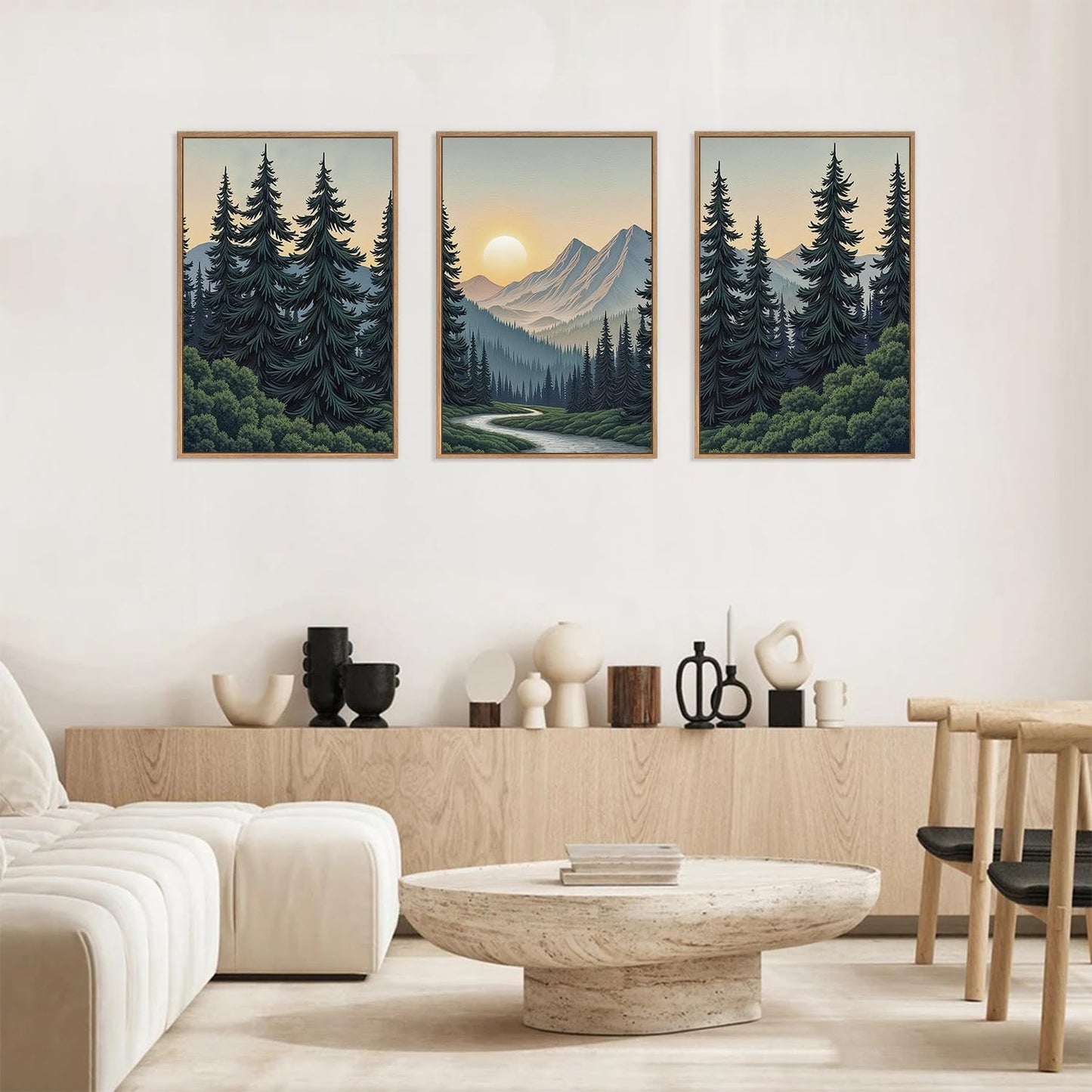 HLNIUC Mountain Forest Sun Framed Wall Art,Large Boho Pine Tree Canvas Wall Decor Set of 3(16”x24”)Ridge Mountain Landscape Picture Prints,Natural Sunset Woodland Wall Painting for Living Room,Bedroom
