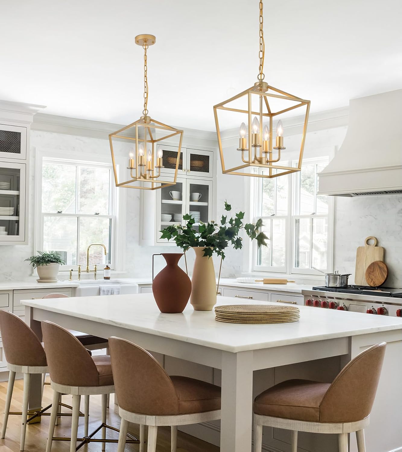 Industrial 4 Lights Chandelier, Gold Lantern Ceiling Light Fixtures with Rustic Metal Cage Adjustable Height Farmhouse Geometric Hanging Light for Kitchen Island, Dining Room, Entryway, UL Listed