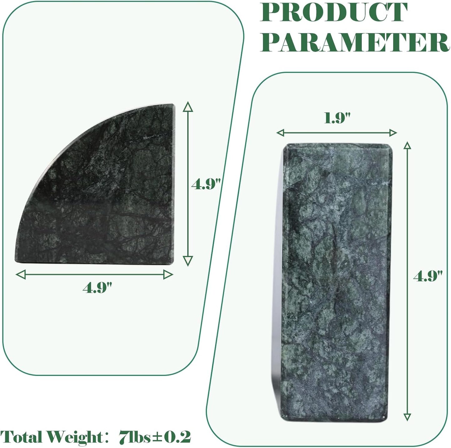 Marble Bookend for Shelves, Non-Skid Bookends for Heavy Books, Heavy Duty Book Stopper for CDs, Luxury Book Shelf Holder, Quarter Circle Design Book Ends Decorative, Indian Green, Set of 2