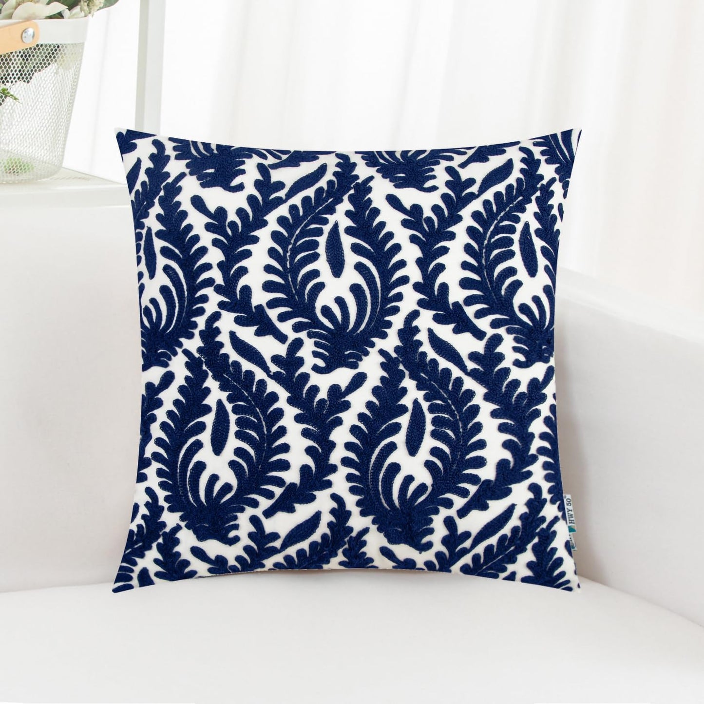 HWY 50 Navy Blue Decorative Throw Pillow Covers 18x18 Inch (1 Piece), Embroidered Cotton Farmhouse Cushion Cover Pillow Case for Sofa Couch Living Room Bed Bedroon, Floral Branches