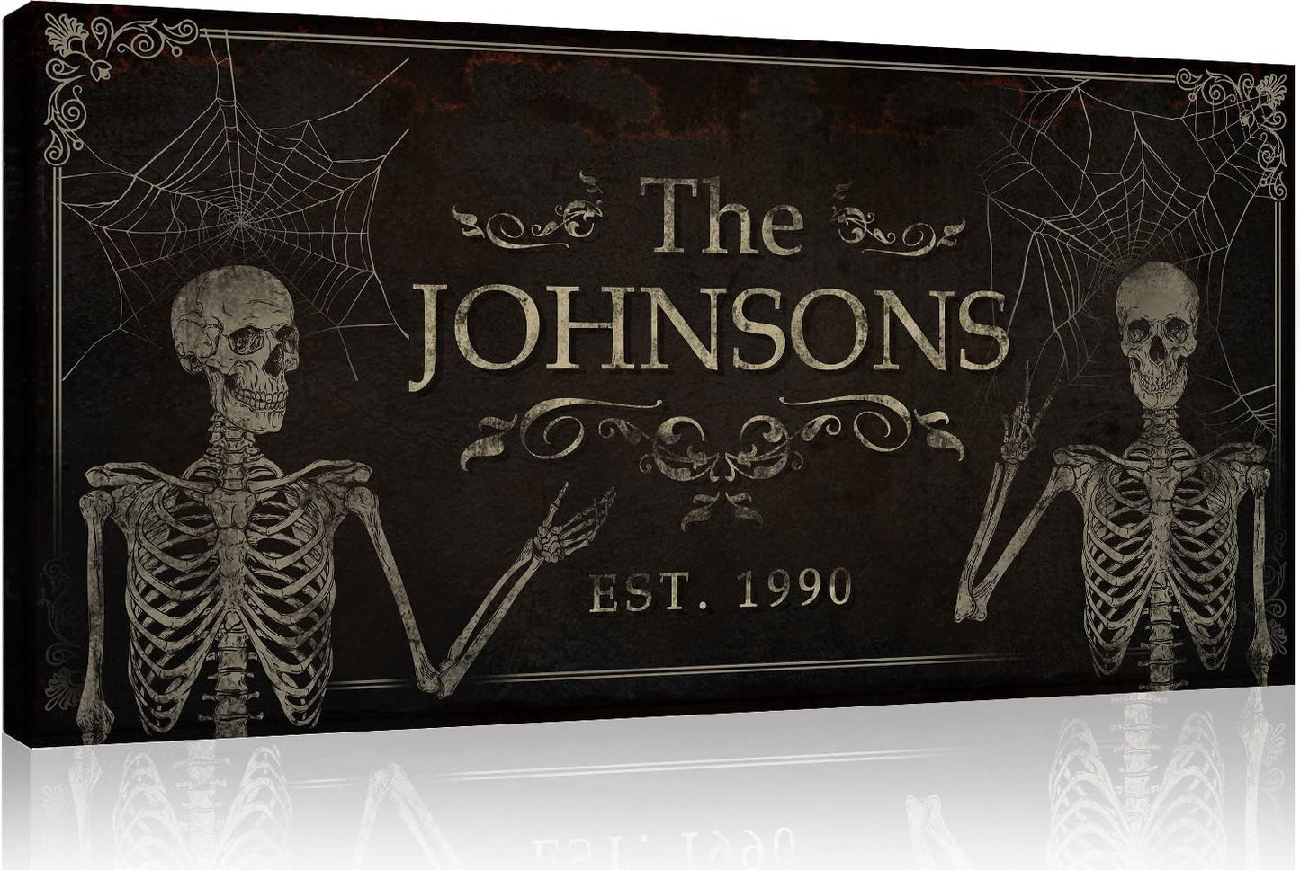 Tailored Canvases Gothic Family Wall Decor - Personalized Grunge Vintage Skeleton Room Decor for Home, Halloween Lovers, Men & Women for Bedroom, Living Room - Goth Spooky, Custom Couple Name, 48"x24"