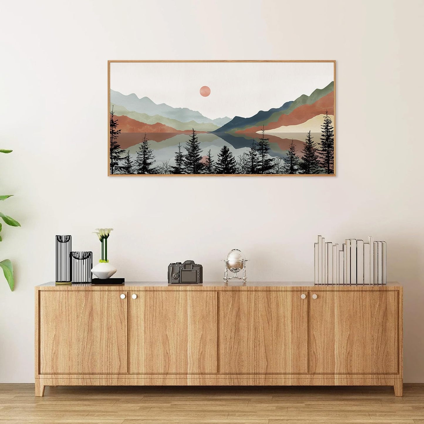 Tinonedraw Boho Mountain Framed Canvas Wall Art Set, Watercolor Nature Landscape Wall Decor, Neutral Modern Sunrise Artwork, Black Pine Trees Forest Art Prints for Living Room Bedroom Office 20"x40"