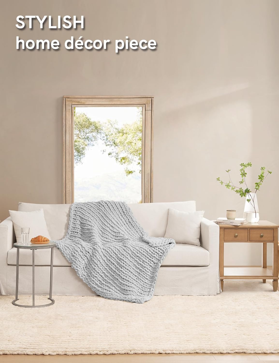 YnM Chunky Throw Blanket, Medium-Weight, Hand Knitted with Chenille Yarn, Skin Friendly, Ventilated and Breathable, Machine Washable, Home Décor Piece for Couch Sofa and Bed (Glacier Grey, 80x87 Inch)