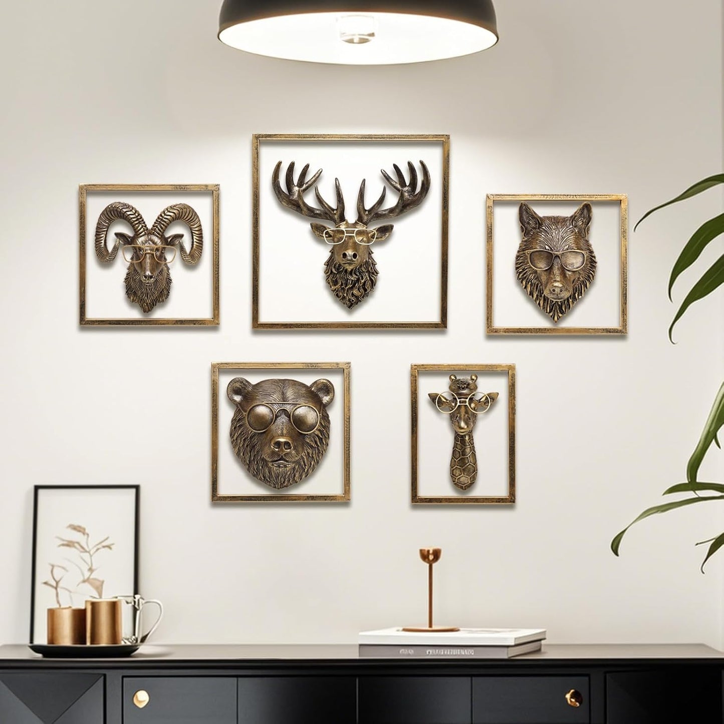 JJALIGHTS Animal Heads Wall Decor Resin Animals Sculptures Head Wall Hanging Decoration Imitation Copper vintage Wall Sculpture for Living Room Bedroom Office(Bighorn,Includes Metal Frame)