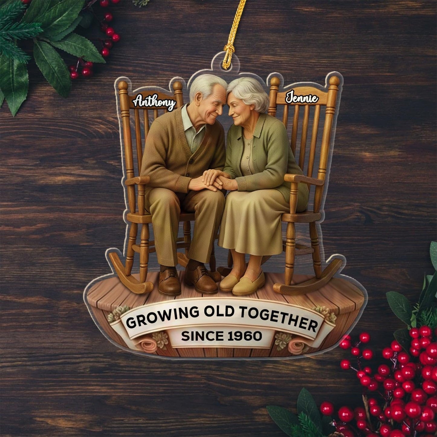 Old Couple Sitting On Rocking Chairs Growing Old Together Christmas Ornament 2025, Personalized Anniversary Shaped Ornament for Mr Mrs Husband Wife Dad Mom Grandpa Grandma, Custom Text Name Ornaments