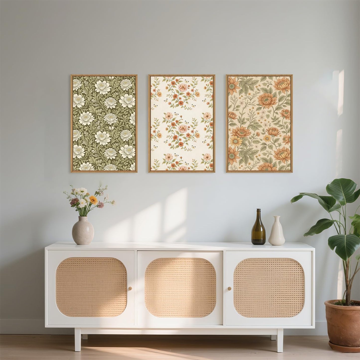 Celestdeco Vintage Pastoral Floral Framed Canvas Wall Art Set, Boho Colorful Flower Wall Decor, Peony Wildflower Wall Painting, Retro Botanical Art Prints for Living Room, Bedroom, Office - 24"X36"X3