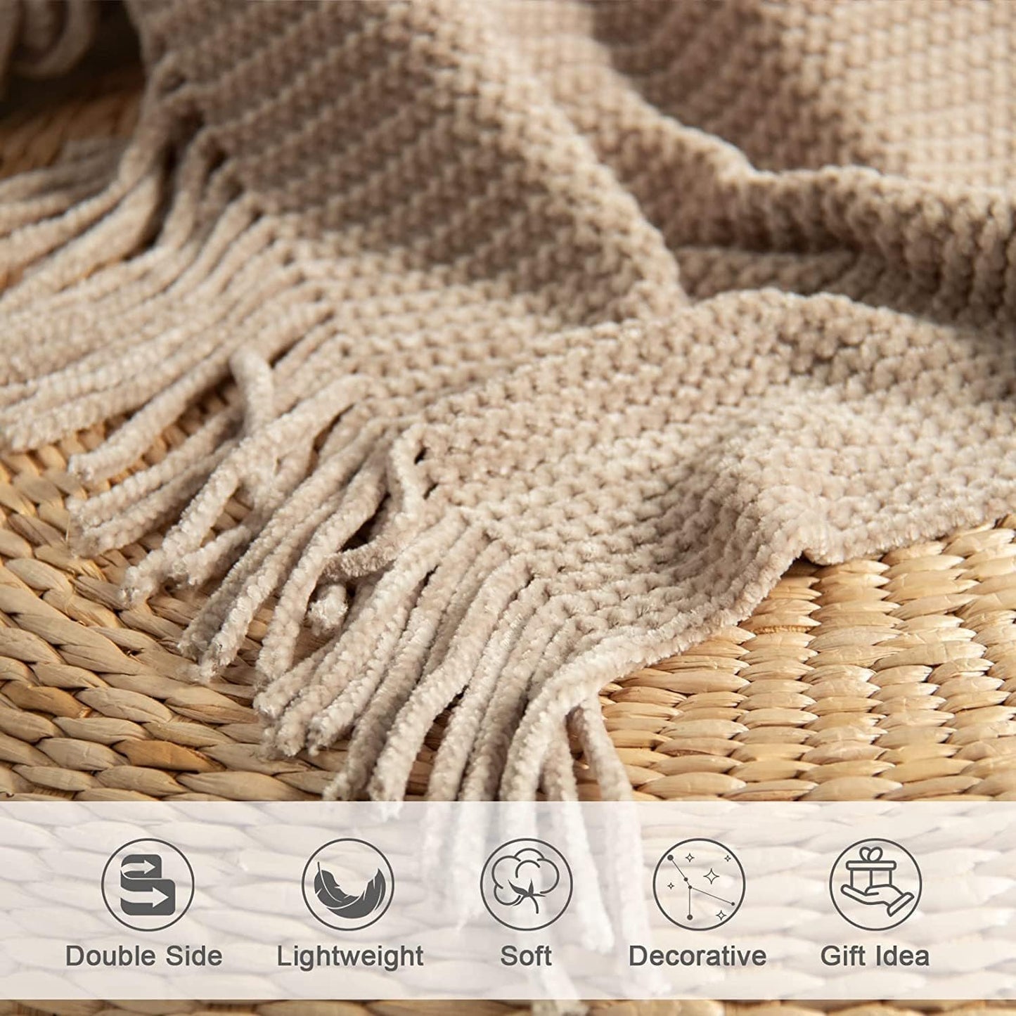 lifein Throw Blanket for Couch, Soft Boho Decor Bed Throw,Cozy Beige Knitted Chenille Small Farmhouse Lightweight Throw for Spring(Beige,60 * 80")