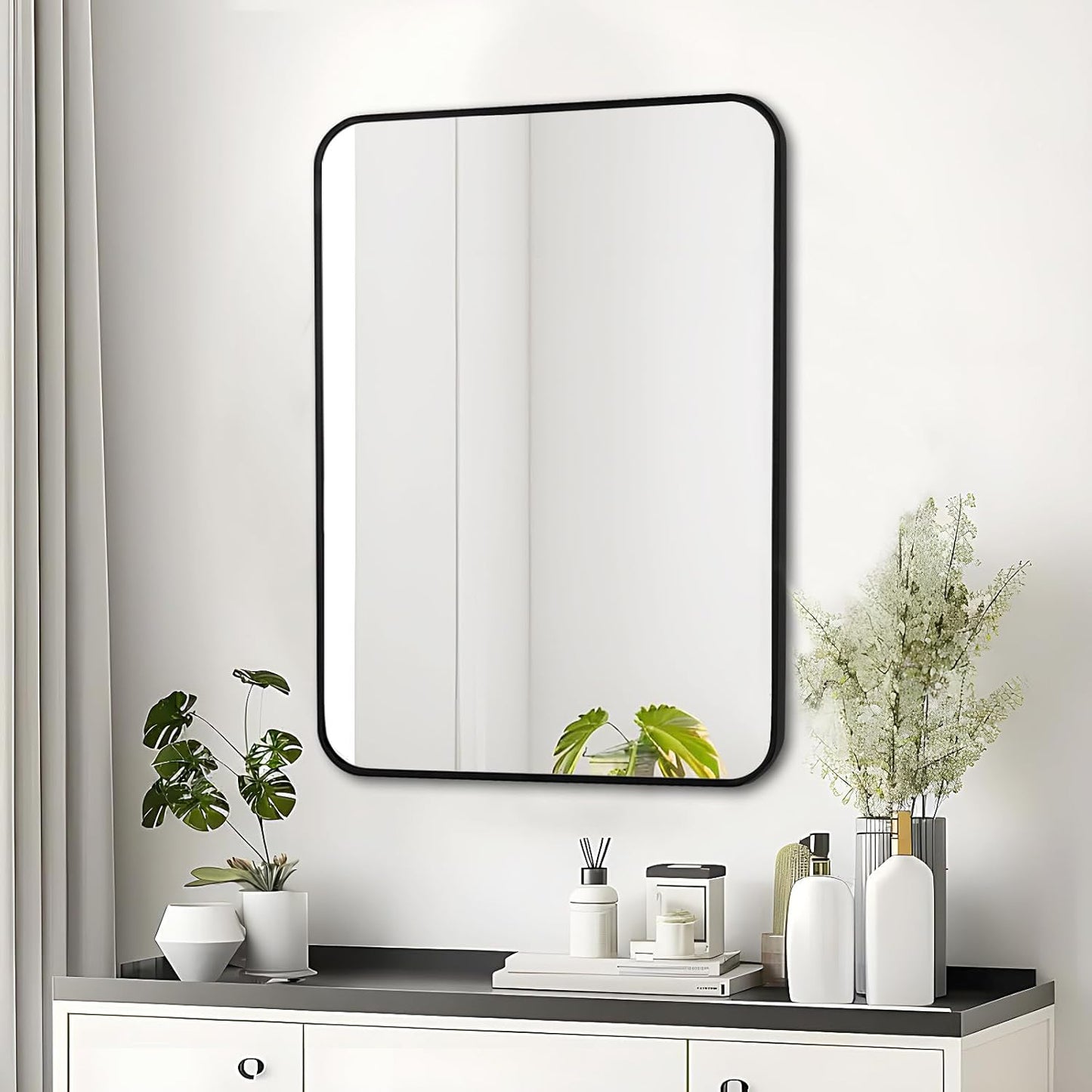 Fabuday Black Bathroom Mirror for Over Sink - 20x28 Rounded Rectangle Wall Mirror, Matte Metal Framed Vanity Rectangular Mirrors for Bedroom, Living Room, Entryway Decor, Horizontally/Vertically
