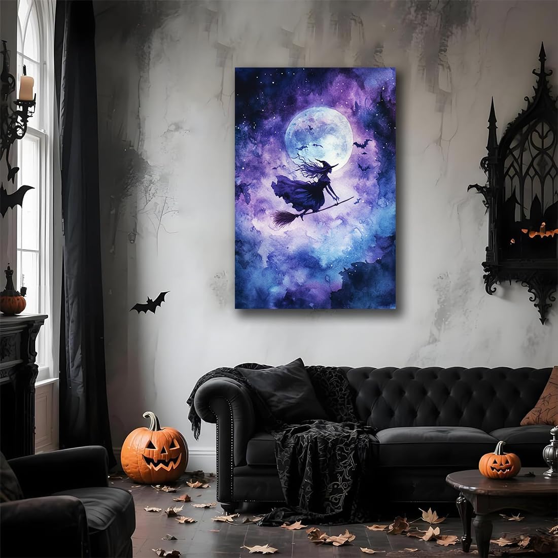 Witch On Broom Flying Wall Art,Gothic Halloween Canvas Wall Art,Victorian Witch Silhouette In Moonlight Broomstick Poster Pictures,Creepy Halloween Purple Night Sky Print,24"x36" Unframed