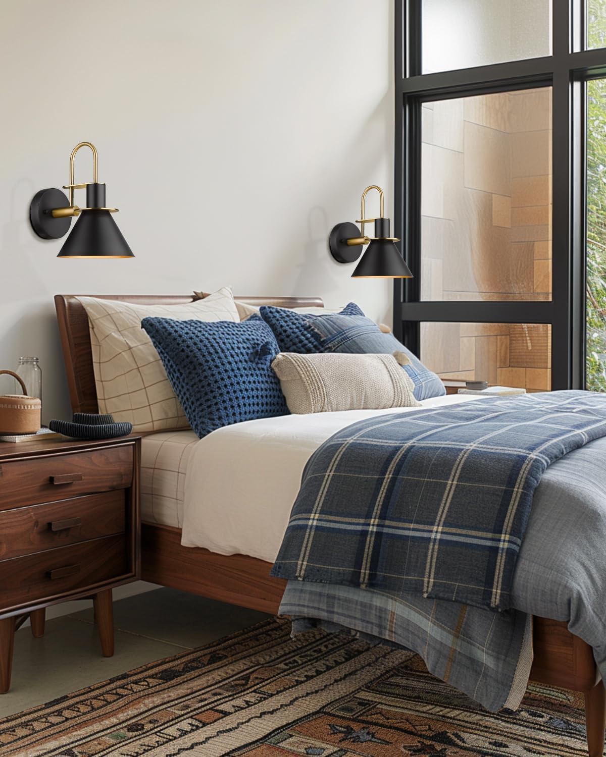 Industrial Wall Sconce Set of 2, HWH Modern 1-Light Bathroom Vanity Light Fixtures, Single Wall Sconce for Bedroom, Balcony, Over Mirror, Kitchen Sink, Black and Gold Finish, 5HZG56B-2 BK+BG