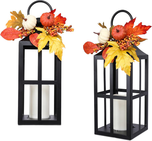 Fall Decorative Lanterns Outdoor, Waterproof 17.7" Decorative Lantern Indoor Decor Metal Hanging Candle Holder LED Flameless Candle Lantern for Patio, Porch, 2 Packs
