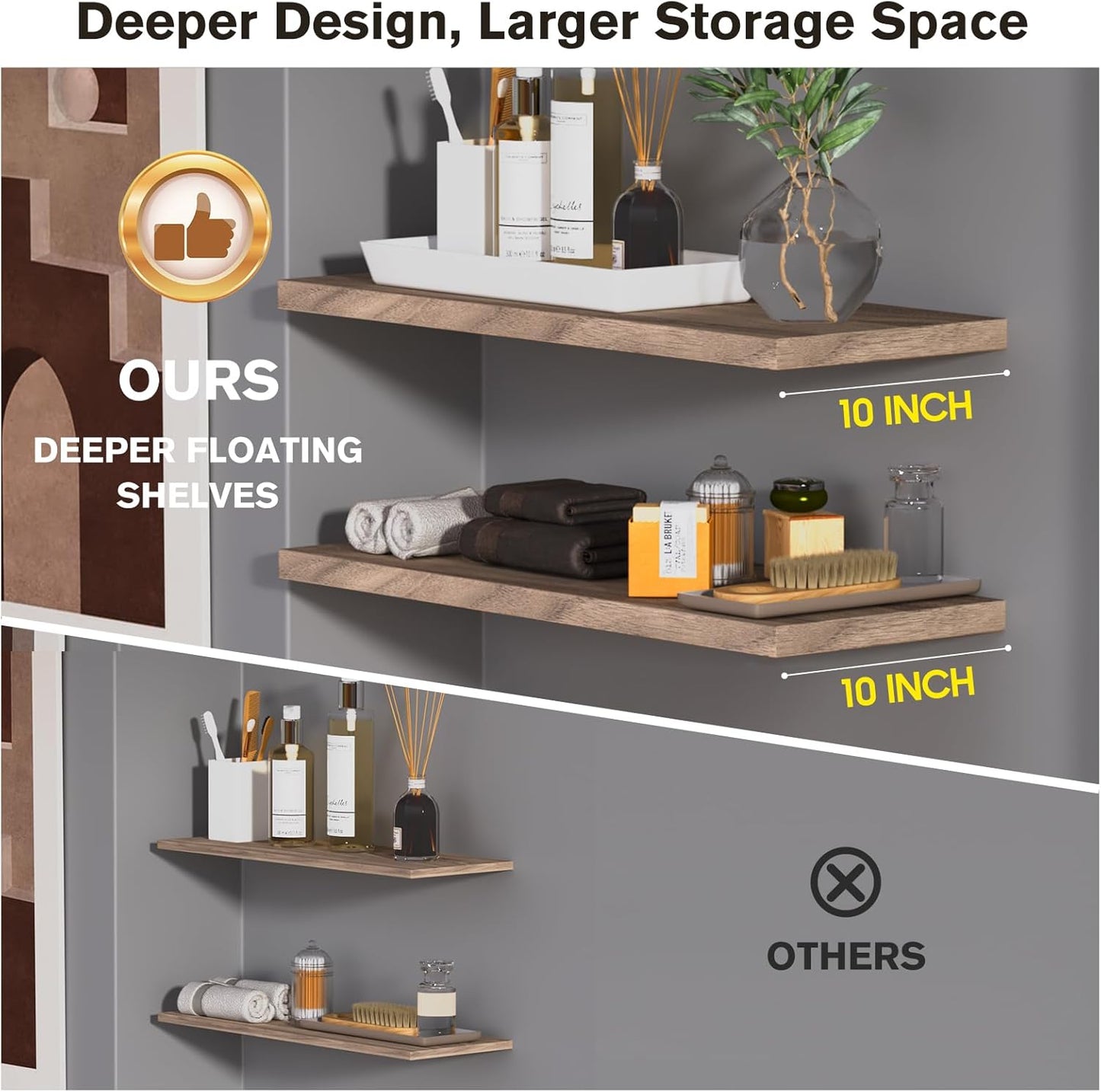 Wall Shelf Set of 2, Walnut Floating Shelves 24 in W x 10 in D x 1 in H, Wooden Floating Wall Shelf with Invisible Brackets for Living Room/Bedroom/Bathroom/Kitchen Storage and Decor