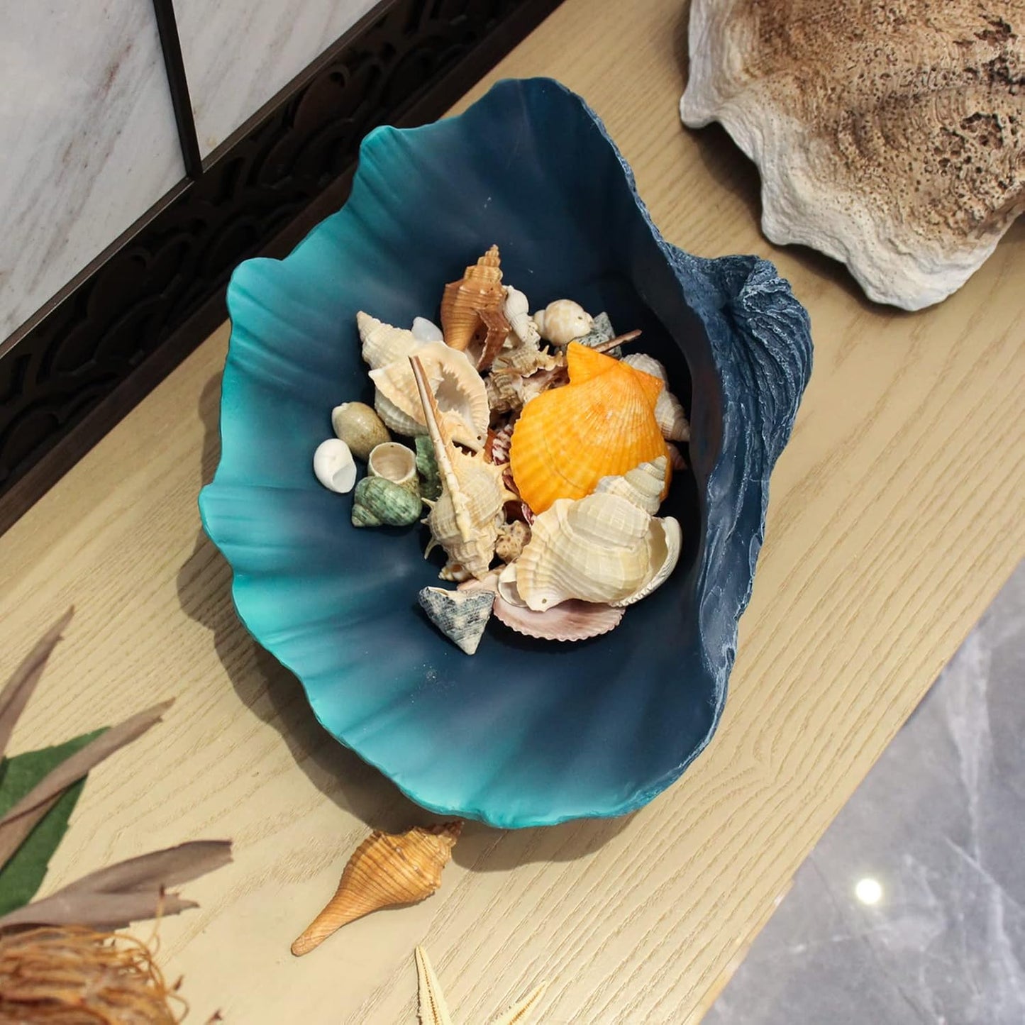 Large Caribbean Blue-Aqua Sea Shells Decorative Bowl Resin Clam Shell Bowl Beach Decorations for Home Coastal Beach Decor Decoration Storage Bowls&Home Office Nautical Themed Party Decor-10.2"-1PC