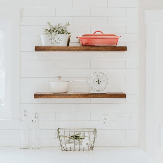 URBANDI, Rustic Floating Shelves, Set of 2, Hidden Bracket, Solid Wood, Heavy Duty, Wall Mounted Shelves, (Provincial, 60Wx10D)