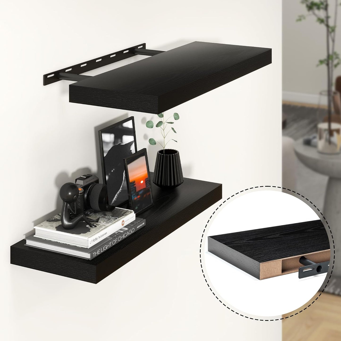 Heimlove 24 inch Floating Shelves for Wall,9.3 inch deep Black Wood Shelves with Invisible Brackets,Wall Mounted Storage & Display Shelves for Bedroom,Living Room,Set of 2
