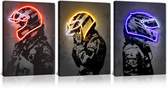 Sorventina Racing Superstar Wall Decor Canvas Prints- 3pcs Set Sports Painting Art Decor, Neon Racing Driver and Motorcycle Wall Art for Bedroom Living Room Home Decor, Wrap Framed(colorful, 12x16)