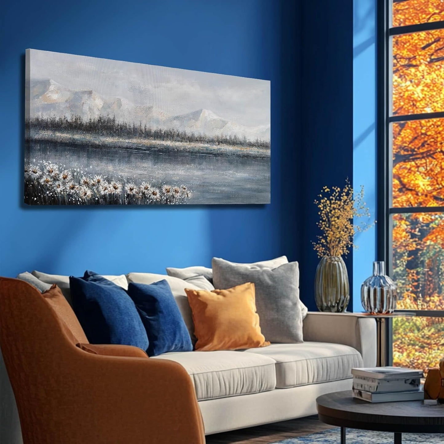 CHUDANHAO Large Wall Art Abstract Wall Decor Floral Arts Mountain Modern Artwork White Poster Pictures for Girls Women Room 24"x48"