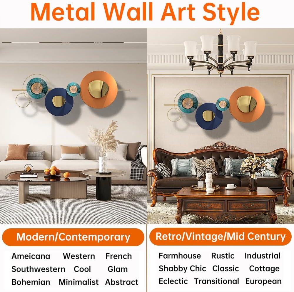 Metal Geometric Round Wall Art Abstract Metal Wall Decor for Living Room, 3D Modern Orange Circle Large Wall Art Circular Wall Decor Hanging Wall Sculptures Artwork for Outdoor Bedroom (Orange)