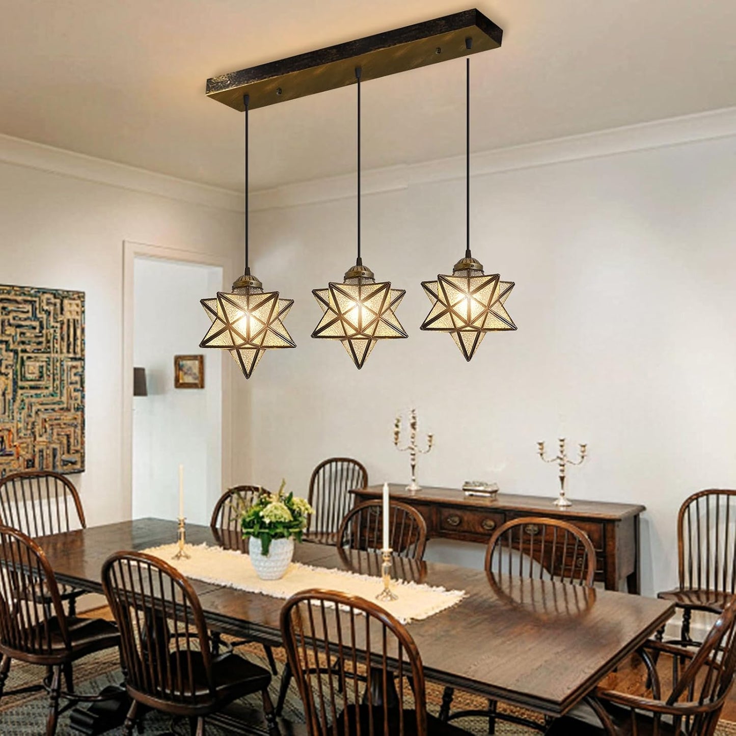 Glass Glam Chandelier 3 Lights Star Pendants Light Fixture for Dining Table Kitchen Island Modern Ceiling Hanging Lights Included LED Warm Light Bulbs Oiled Bronze