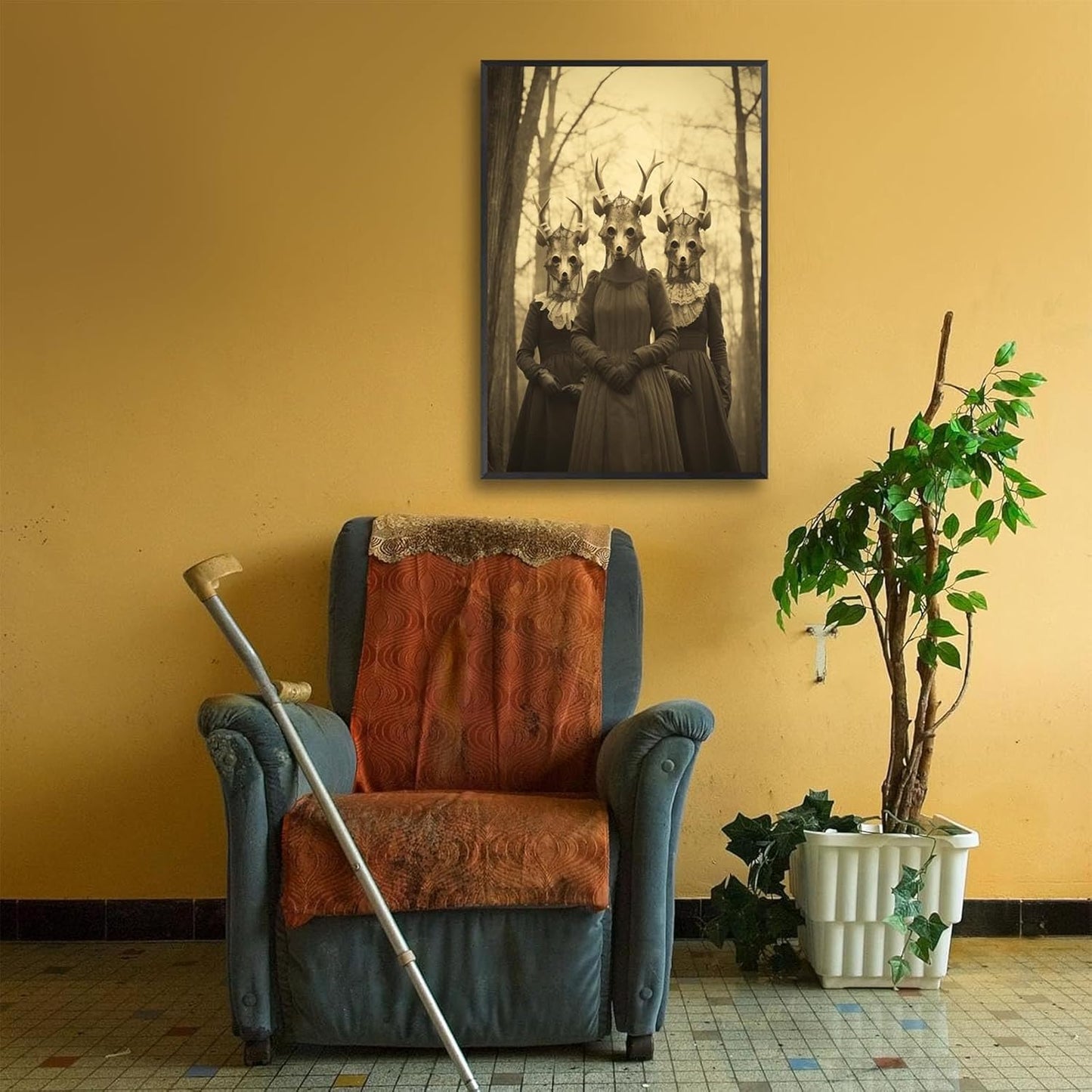 Vintage Horror Skeleton Spooky Three Skull In Occult Forest Posters Canvas Wall Art Poster Gothic Dark Academia Decor Creepy Print Retro Halloween Wall Decor 16X24inch Aluminum Framed