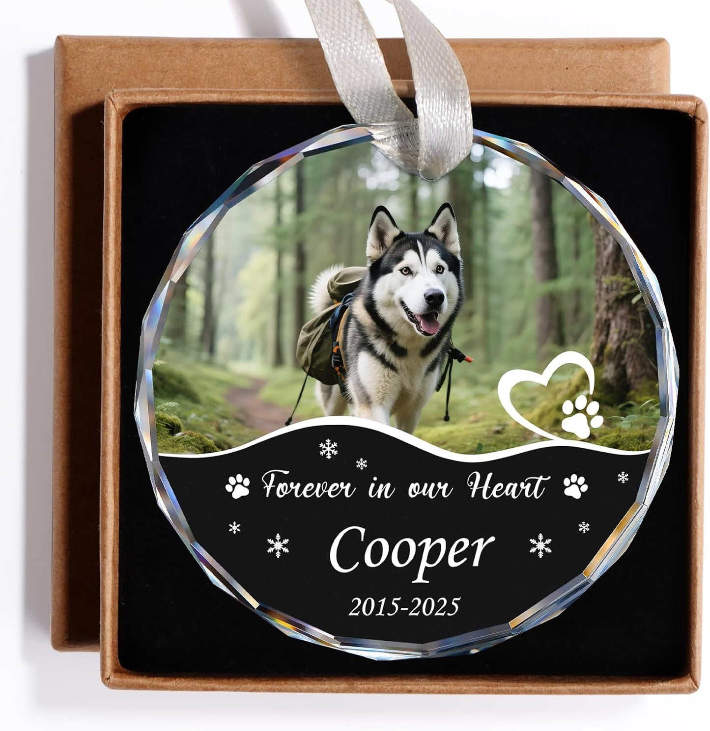 Personalized Pet Memorial Ornament - Custom Photo, Name & Dates - Forever in Our Hearts Glass Crystal Keepsake Ornaments - Dog Memorial Gifts for Loss of Dog, Cat