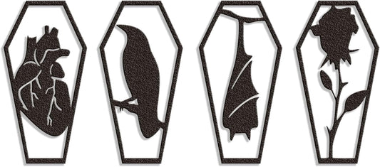 YATEASLU Gothic Coffin Wall Decor Set of 4 Metal Heart, Crow, Bat, Rose Sculptures for Gothic Home Decor, Bathroom, Kitchen, Office - Spooky Halloween Wall Decor with Screws
