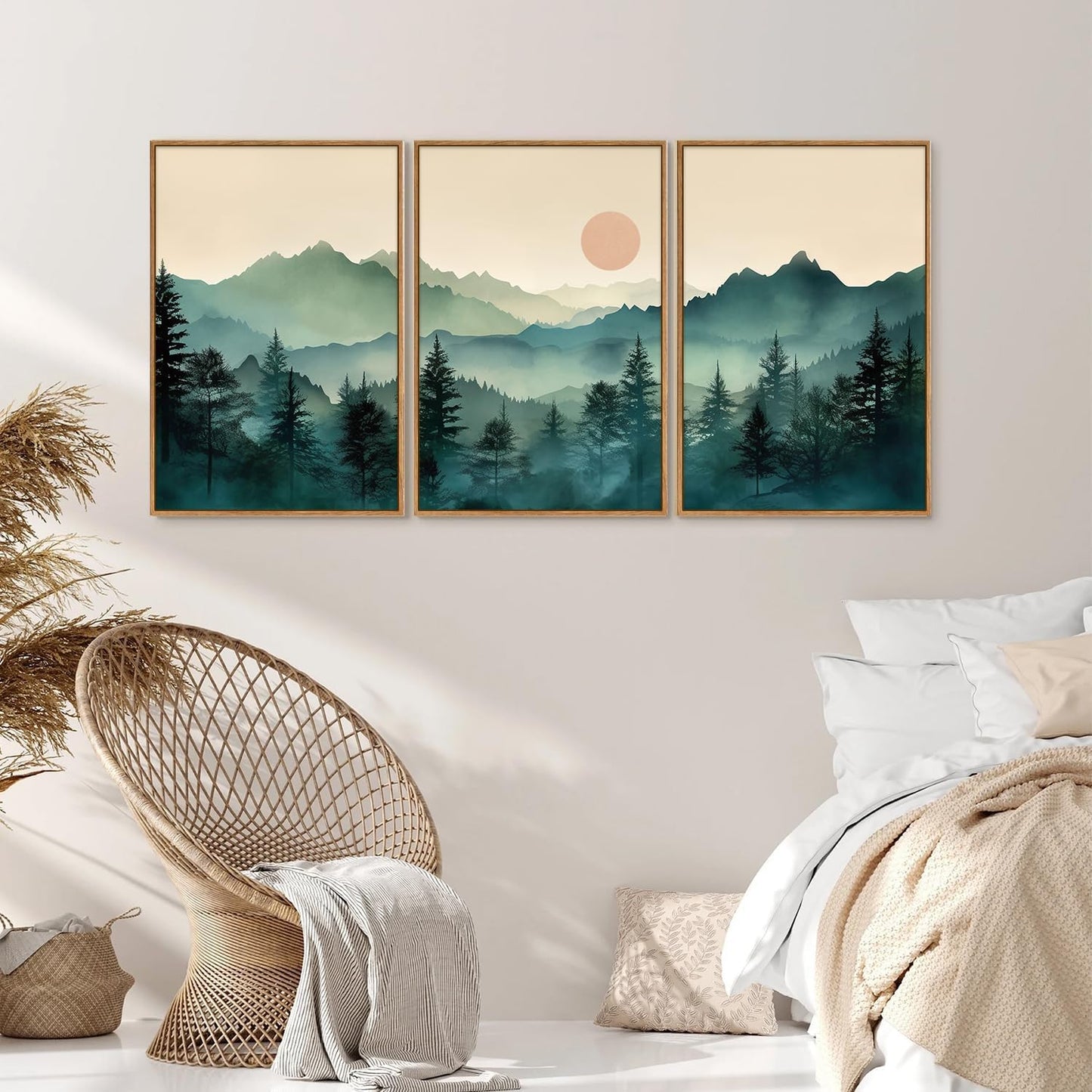 SIGNINART Large Boho Mountain Framed Canvas Wall Art Set, Nature Pine Tree Wall Painting, Abstract Foggy Forest Wall Decor, Modern Sunrise Art Prints for Bedroom Living Room and Office - 16"x24"x3