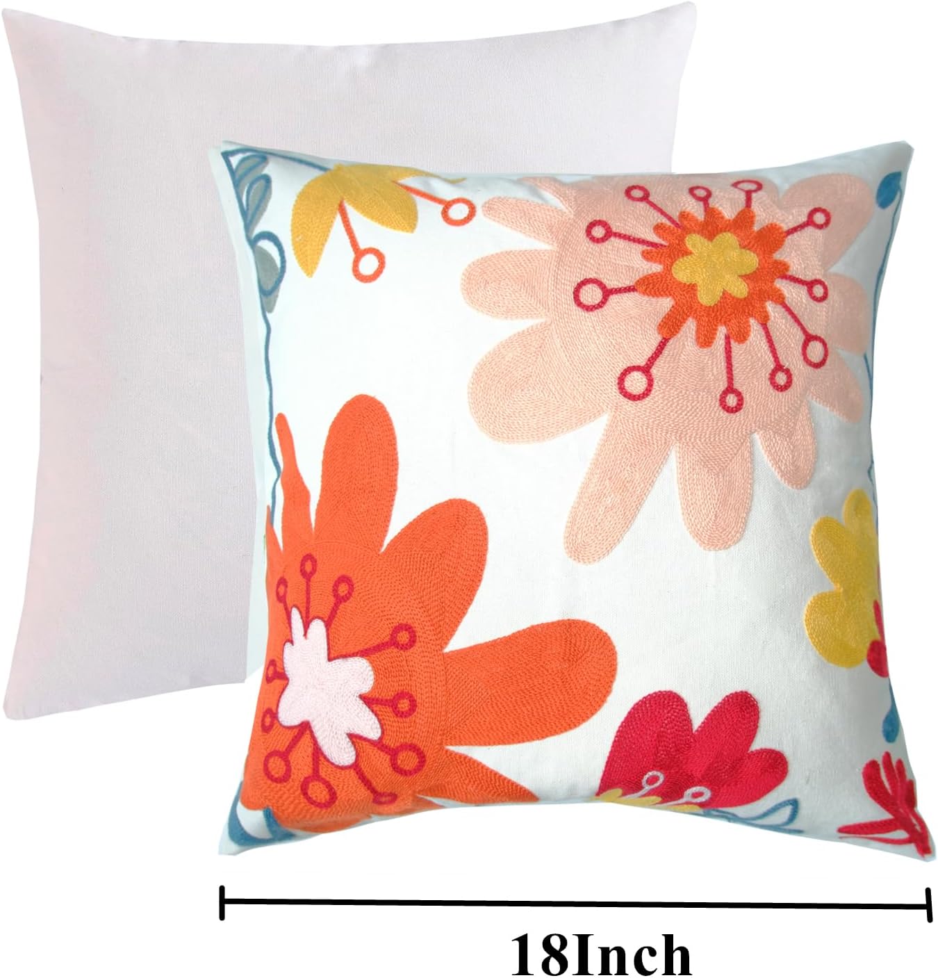 Embroidered Decorative Throw Pillow Cover, 18"x18" Set of 2, Farmhouse Pillowcase Pink Red Flower Knit Pattern Cotton Canvas Cushion Case Square Floral Pillow Case for Sofa Couch Bed Living Room…