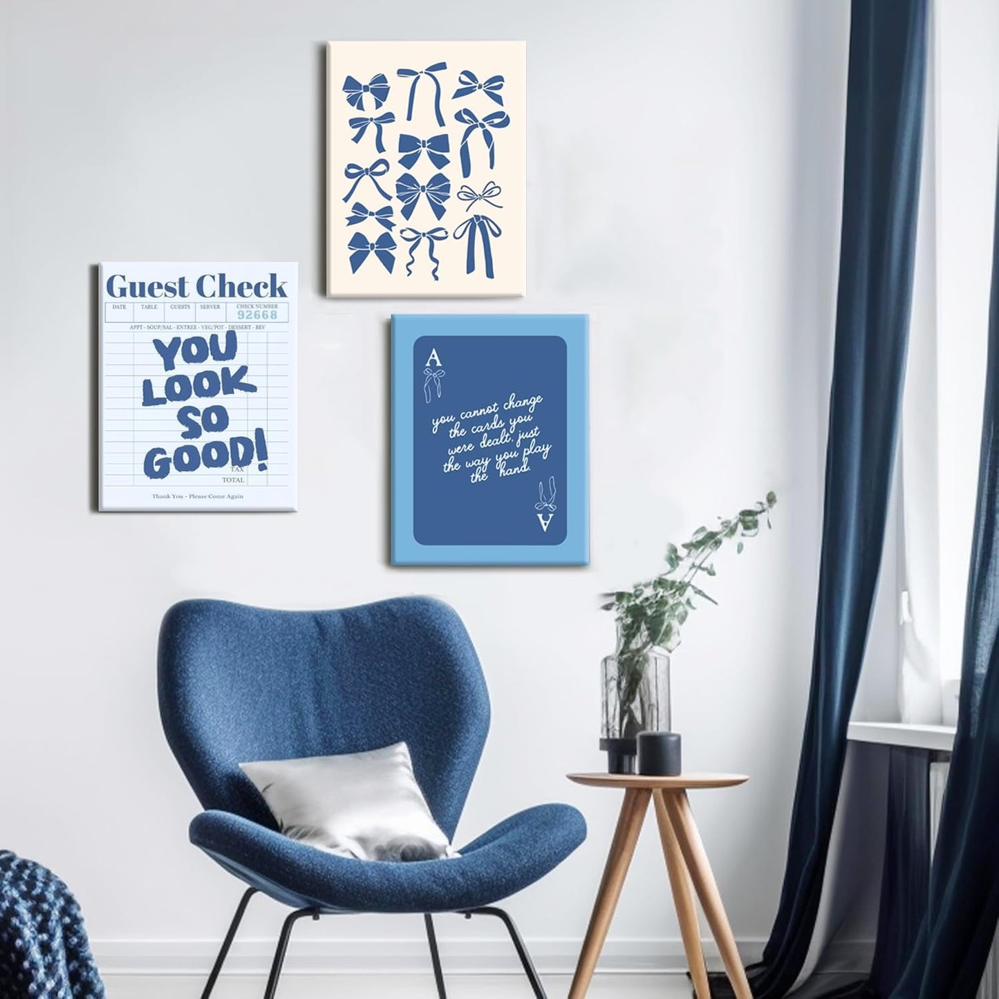 Blue Preppy Wall Art Framed Set of 3 Trendy Navy Bow Posters Retro Guest Check Canvas Prints Poker Painting Minimalist Positive Quote Picture Room Decor Aesthetic for Living Room Dorm Apartment16x24in