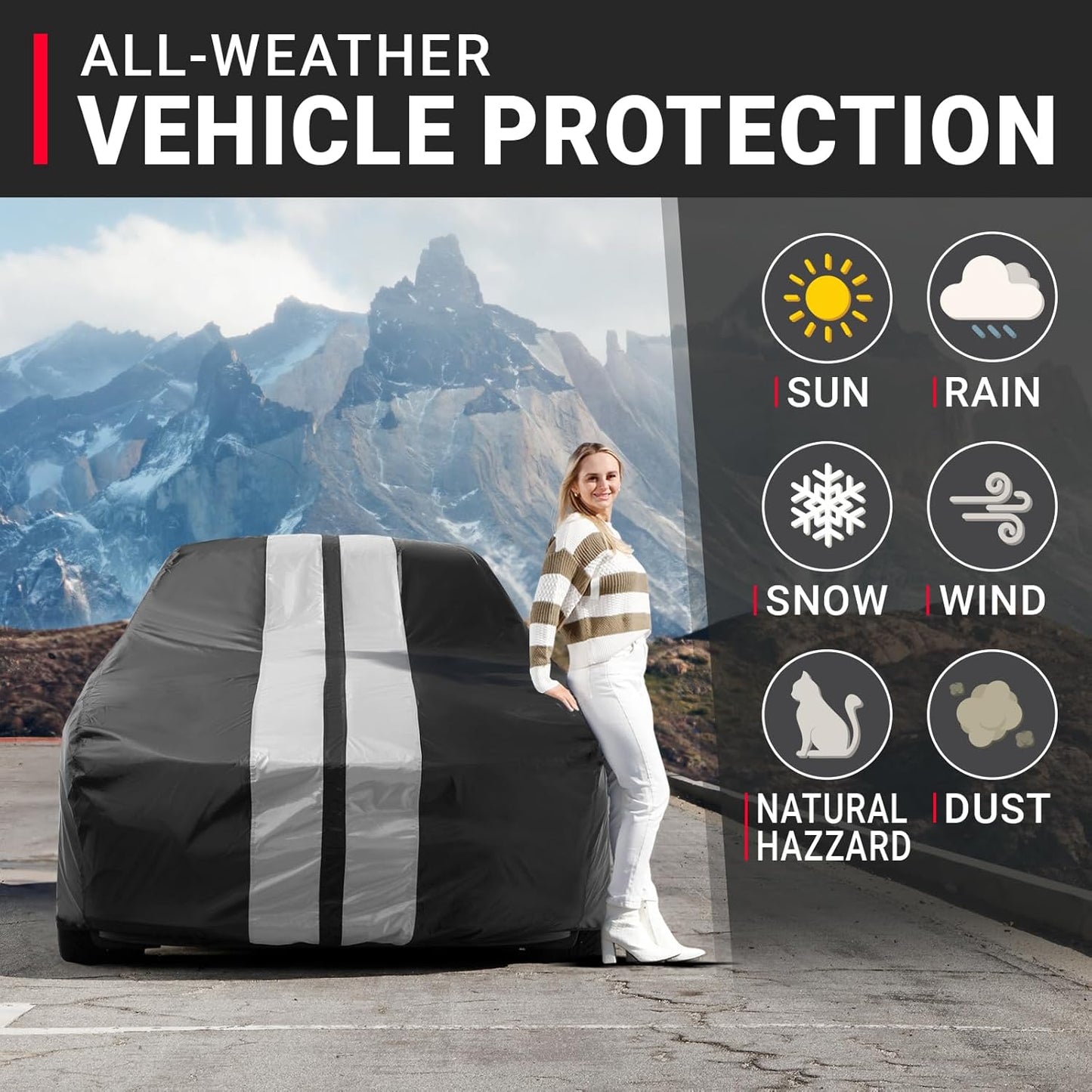 iCarCover Custom Car Cover for Chevy Cosworth Vega (1975-1976) Waterproof All Weather Rain Snow UV Sun Protector Full Exterior Indoor Outdoor Car Cover (Stripe - Black/Gray)
