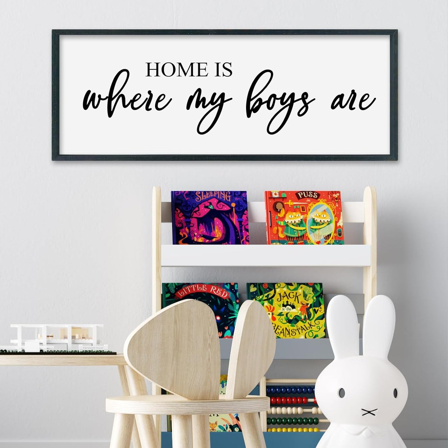 SRSZHIYUE Home Is Where My Boys Are Sign Wall Art Decor 40"×15" for Family Bedroom Large Wood Framed Wall Hanging (Black)