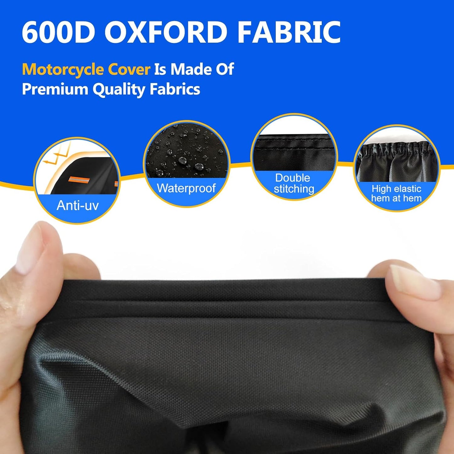 Motorcycle Cover, 600D Heavy Duty Waterproof Motorbike Cover, Dustproof Motorcycles Vehicle Cover Scooter Shelter Protection with Reflective Strips & Storage Bag 116" x 41" x 50"