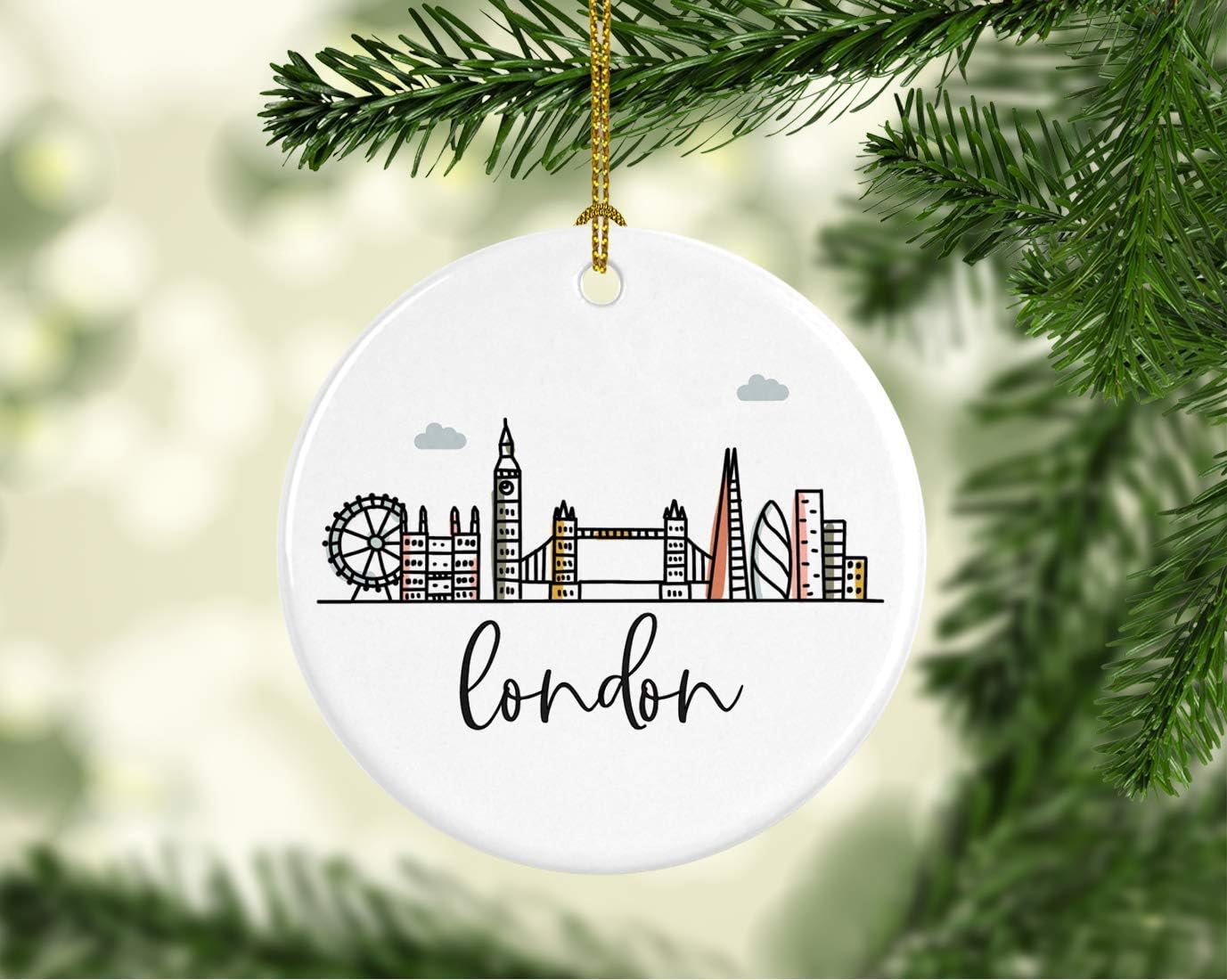 Andaz Press Round Ceramic Porcelain Christmas Tree Ornament Keepsake Gift, London, Colorful International City Skyline Graphic, 1-Pack, Birthday Ideas Family Coworker Him Her, Gift Box