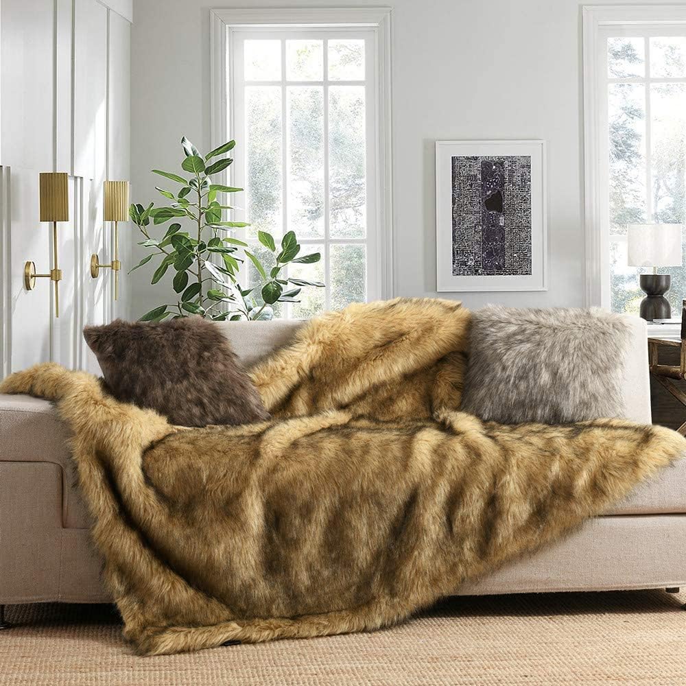 Luxury Plush Faux Fur Throw Blanket, Long Pile Golden Yellow with Black Tipped Blanket, Super Warm, Fuzzy, Elegant, Fluffy Decoration Blanket Scarf for Sofa, Armchair, Couch and Bed, 60''x 80''