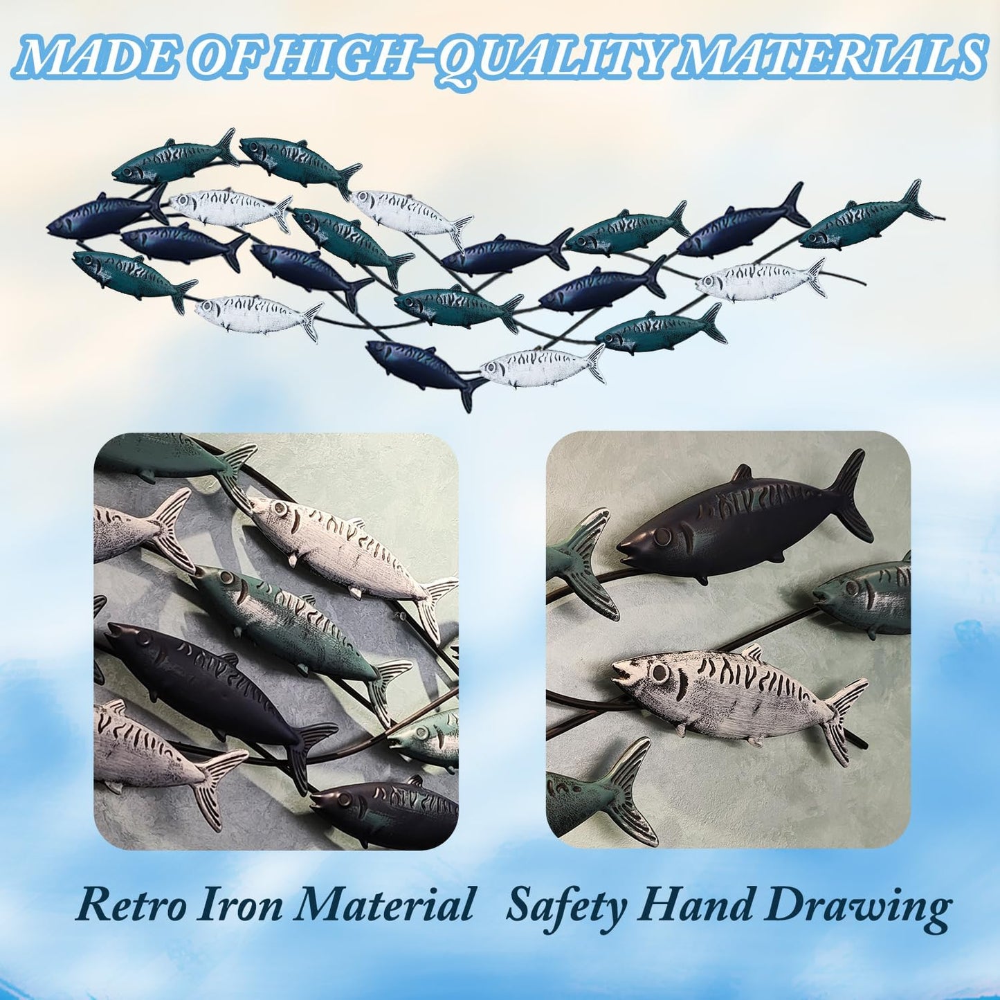 Metal Fish Wall Art, Large Fish Wall Decor for Living Room Bedroom, School of Fish Wall Art Decor, Large Fish Wall Sculpture, Coastal Nautical Ocean Wall Decoration Home Decor (A 59 inch x 16 inch)