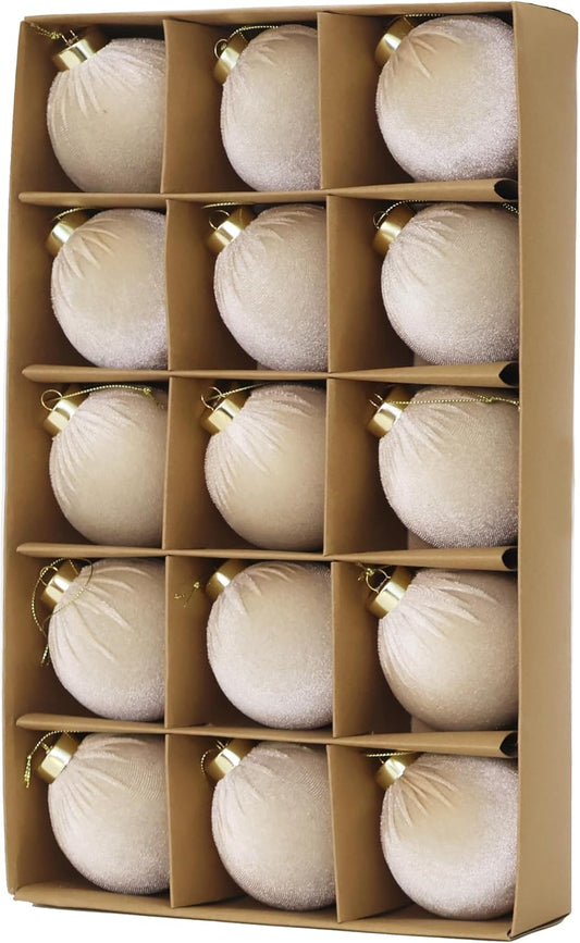 3.15inch Velvet Ornaments for Christmas Tree, 15pcs Flocked Christmas Ornaments Decorations Balls Set Decor Beige