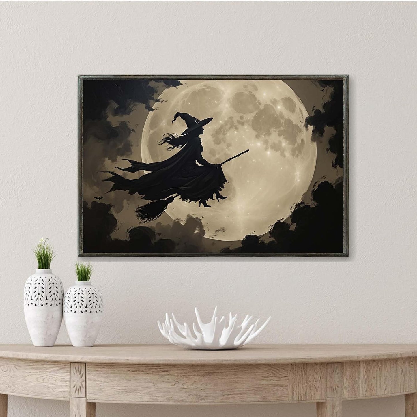 JFHCQJPK Full moon witch silhouette poster witch on magic broom Halloween mural poster decorative mural art suitable for home living room bedroom16x24in Metal blackFramed