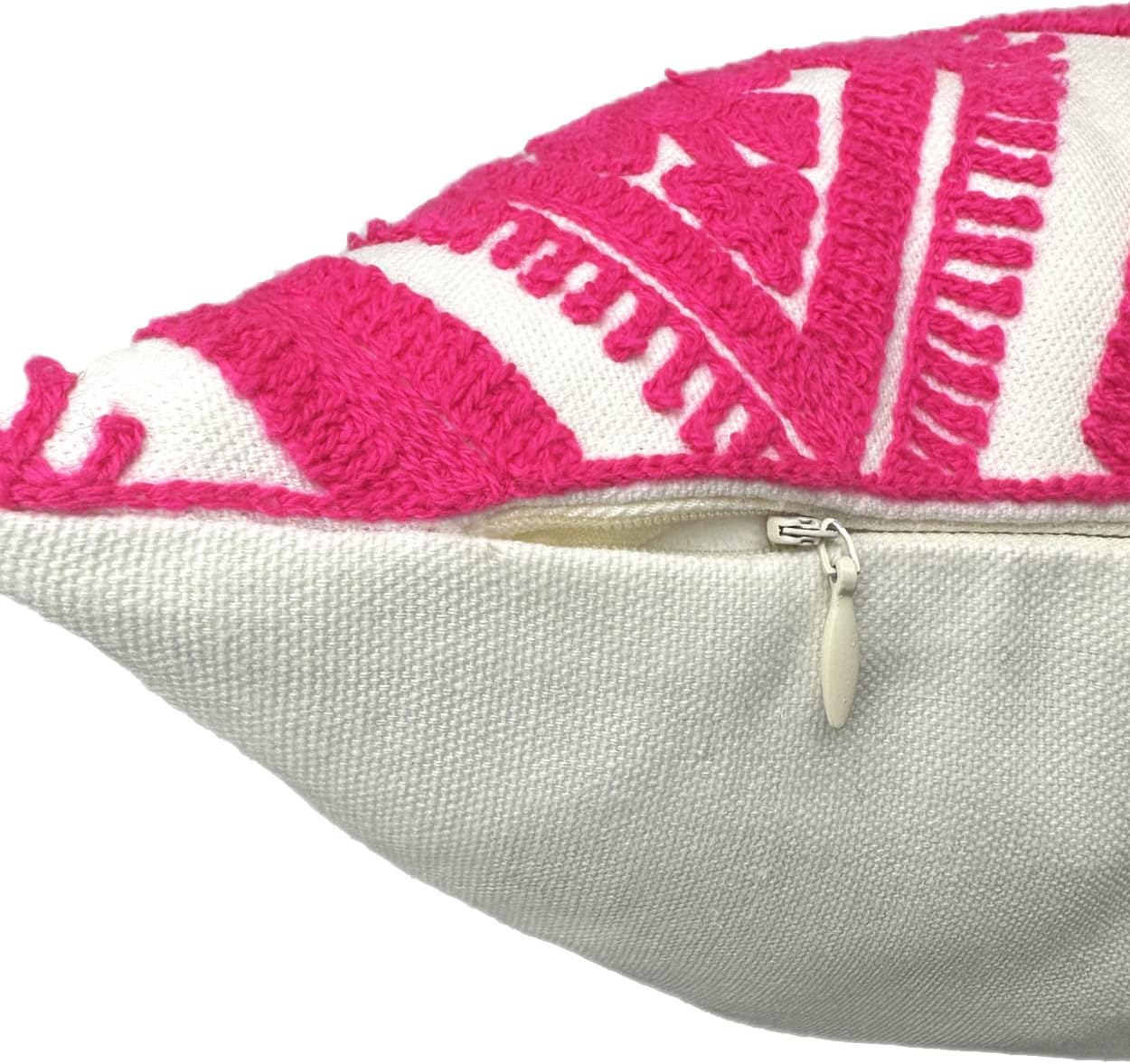 Alysheer Embroidered Decorative Throw Pillow Covers 18x18 inches Set of 2 Pieces, Boho Geometric Modern Chic Classic Pattern Cotton Cushion Cases for Sofa Couch Bed Living Room(Bright Hot Pink)