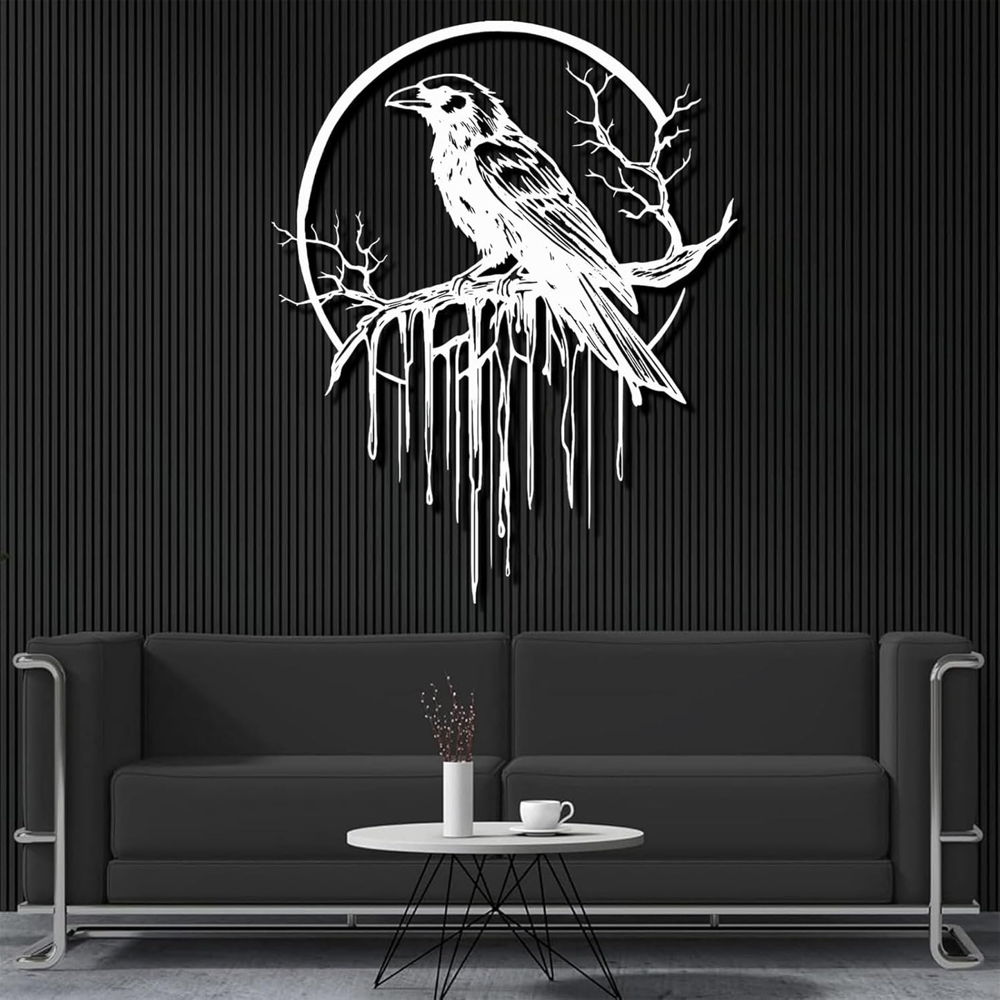 Crow Metal Wall Decor, Raven Wall Art, Large Gothic Raven Decor Hangings, Bird Wall Decor, Metal Tree Branch Decor, Ravens Sign, Raven Art for Living Room (Black, 24"x19" | 60x48cm, metal wall art)