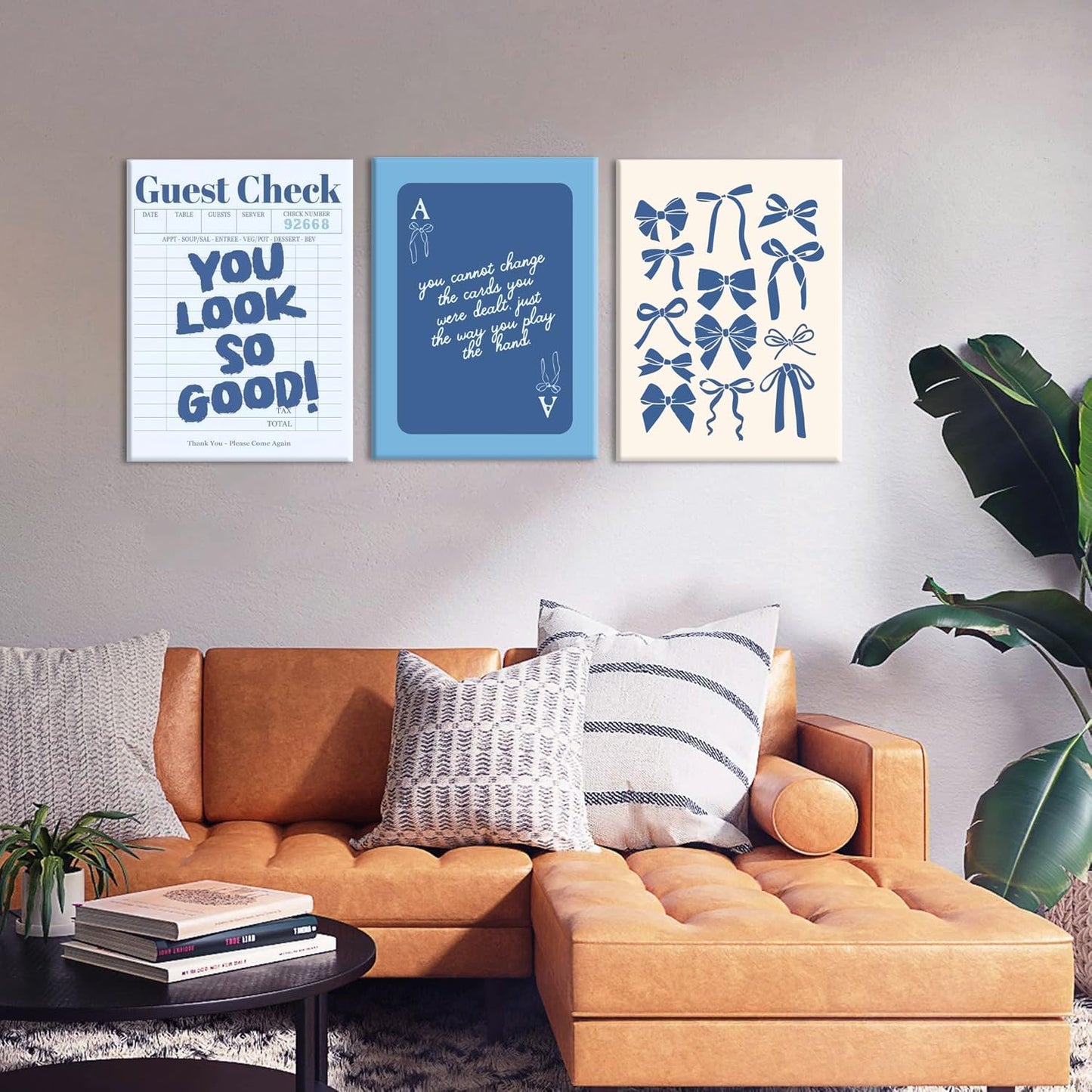 Blue Preppy Wall Art Framed Set of 3 Trendy Navy Bow Posters Retro Guest Check Canvas Prints Poker Painting Minimalist Positive Quote Picture Room Decor Aesthetic for Living Room Dorm Apartment16x24in